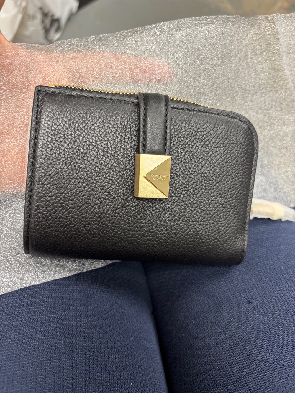 kate spade Black Pebbled Leather Small Zip Wallet with Gold Accent